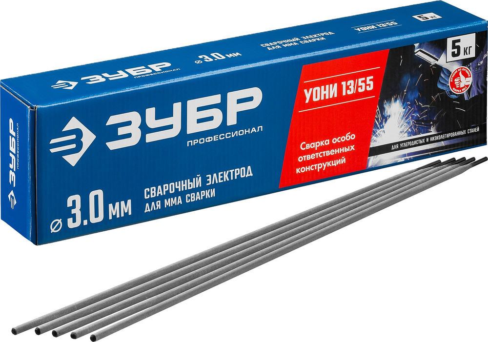 Электрод сварочный УОНИ 13/55 с основным покрытием D 3.0 x 350 мм, 5 кг в коробке ЗУБР Профессионал 40025-3.0
