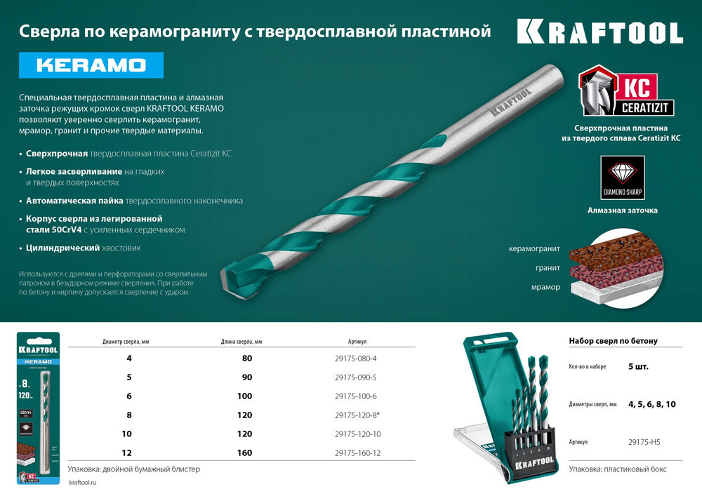 Сверло по керамограниту Keramo, 5 х 90 мм, тв.сплав КС KRAFTOOL 29175-090-5