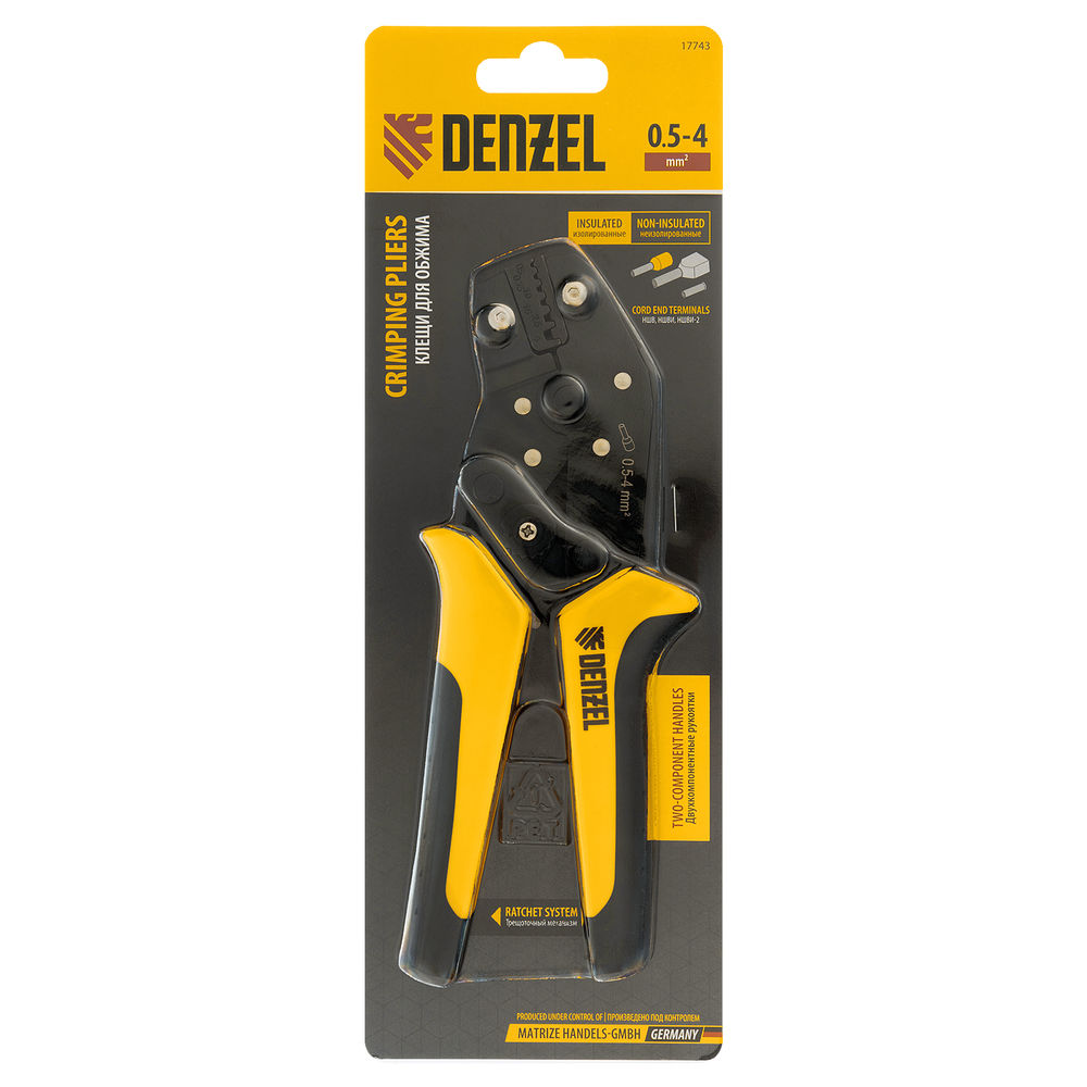 Клещи для обжима наконечников штыревых НШВ, НШВИ, НШВИ-2, 0,5-4 мм2 Denzel (17743)