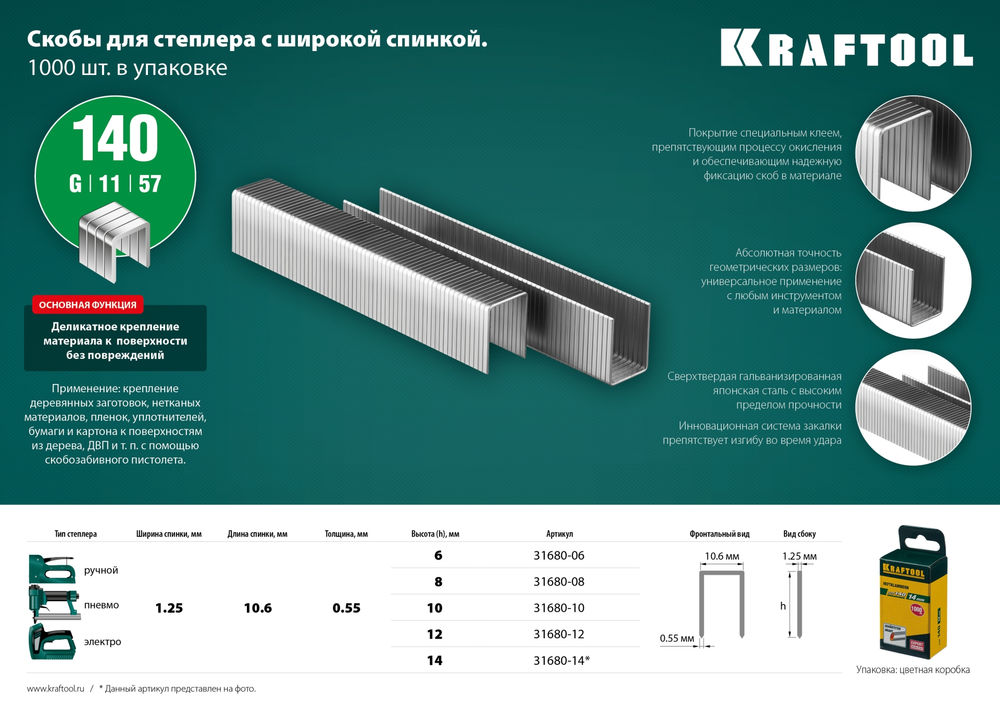 Скобы тип 140 (G/11/57), 10 мм, калибр 20GA, 1000 шт KRAFTOOL 31680-10