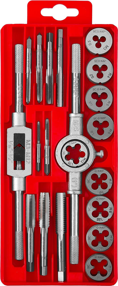 Набор метчиков и плашек 20 предм. сталь 9ХС в пластиковом боксе ЗУБР 2810-H20