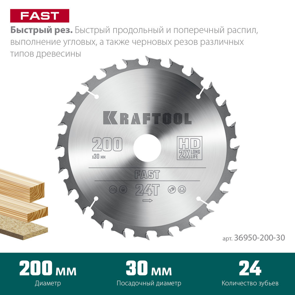 Пильный диск по дереву Fast, 200 х 30 мм, 24Т KRAFTOOL 36950-200-30