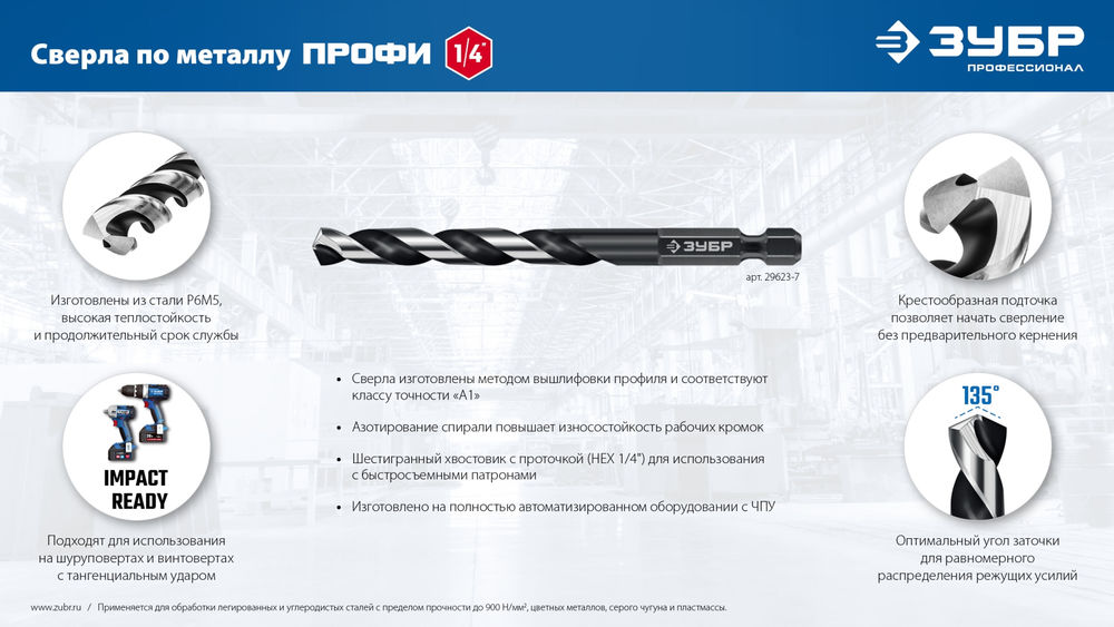 Набор сверл по металлу НЕХ-1/4, 19 шт, для винтовёртов и шуруповертов IMPACT READY ЗУБР 29623-H19_z02