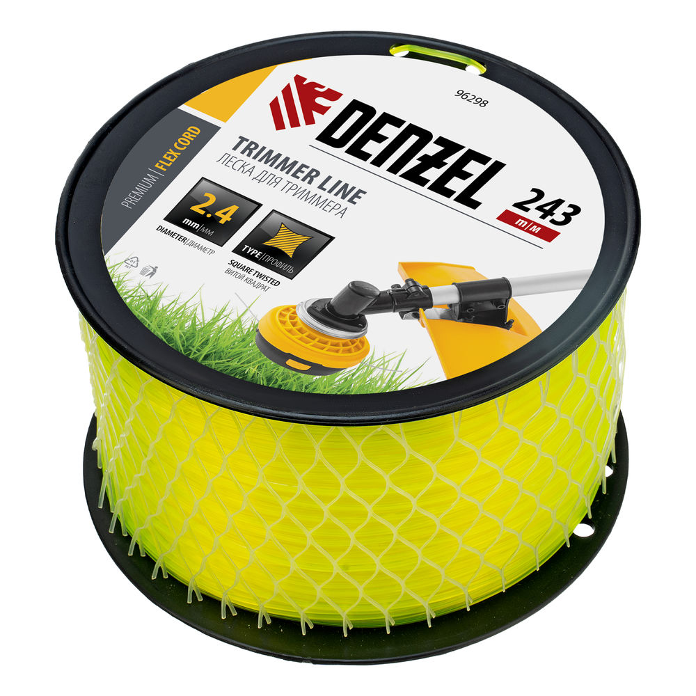 Леска для триммера витой квадрат, 2,4мм х 243м, на DIN катушке FLEX CORD Denzel (96298)