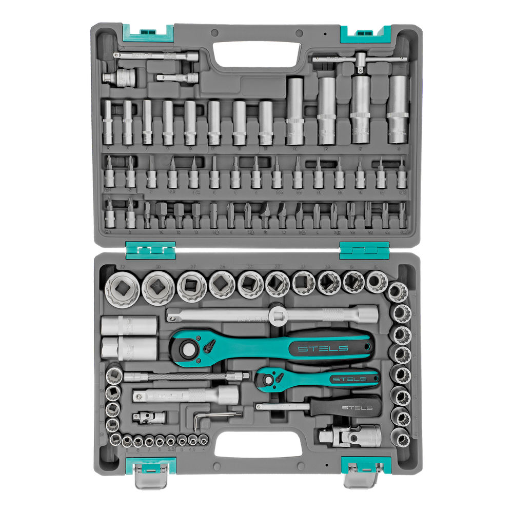 Набор инструментов 1/2, 1/4, CrV, 12 гранные головки, пластиковый кейс, 94 предмета Stels