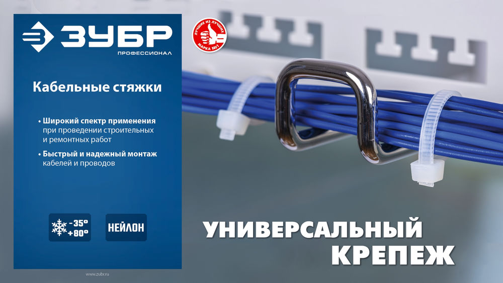 Кабельные стяжки КС-Б1, 2.5 x 100 мм, нейлон РА66, 100 шт, белые ЗУБР Профессионал 309010-25-100