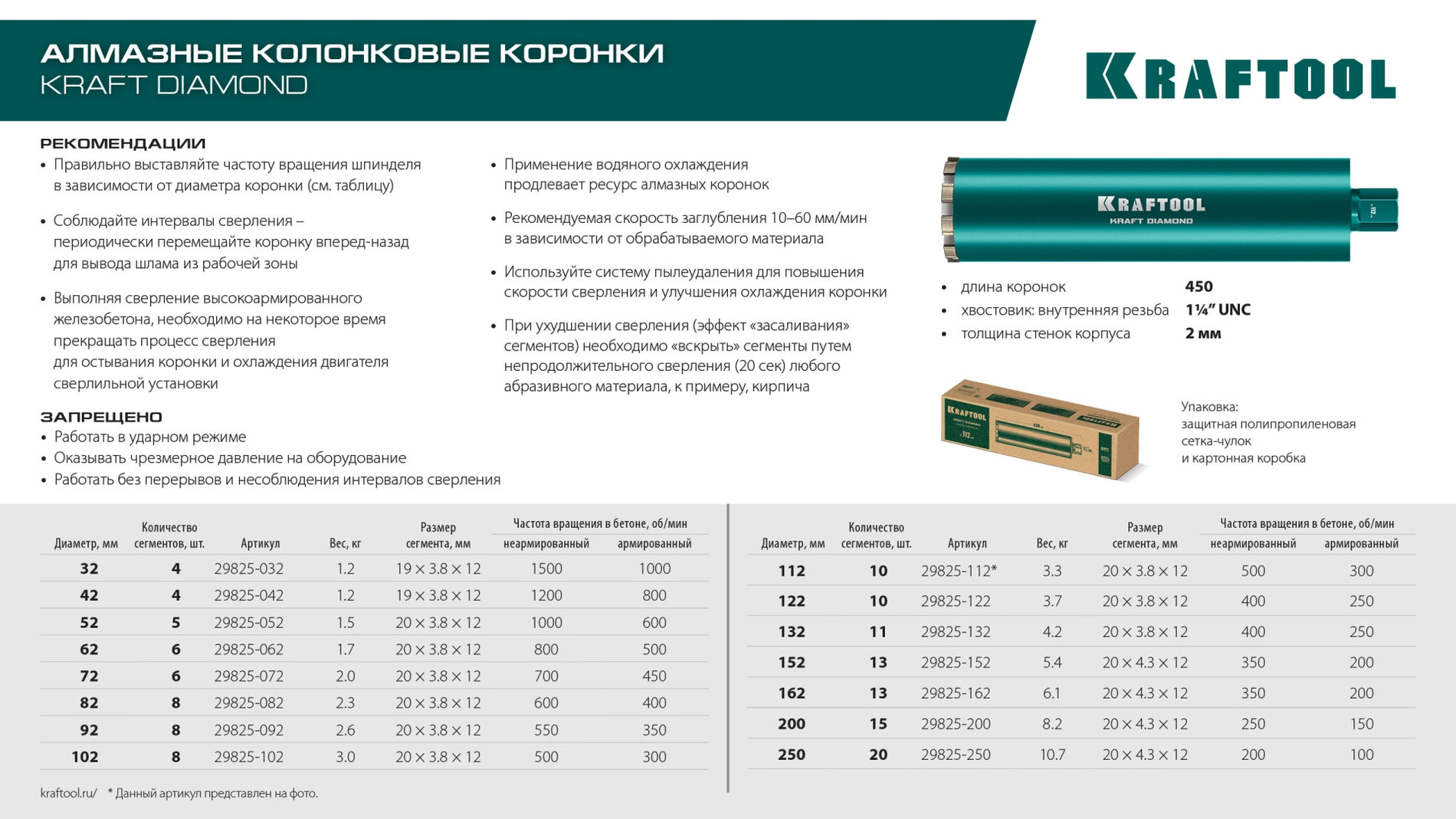 KRAFTOOL DIAMOND 42 мм (450 мм, 1 1/4?, лазерная сварка, сухое сверление с микроударом), алмазная коронка по железобетону (29825-042)