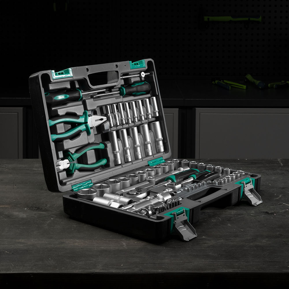 Набор инструментов, 1/2, 1/4, CrV, пластиковый кейс 69 предметов Stels