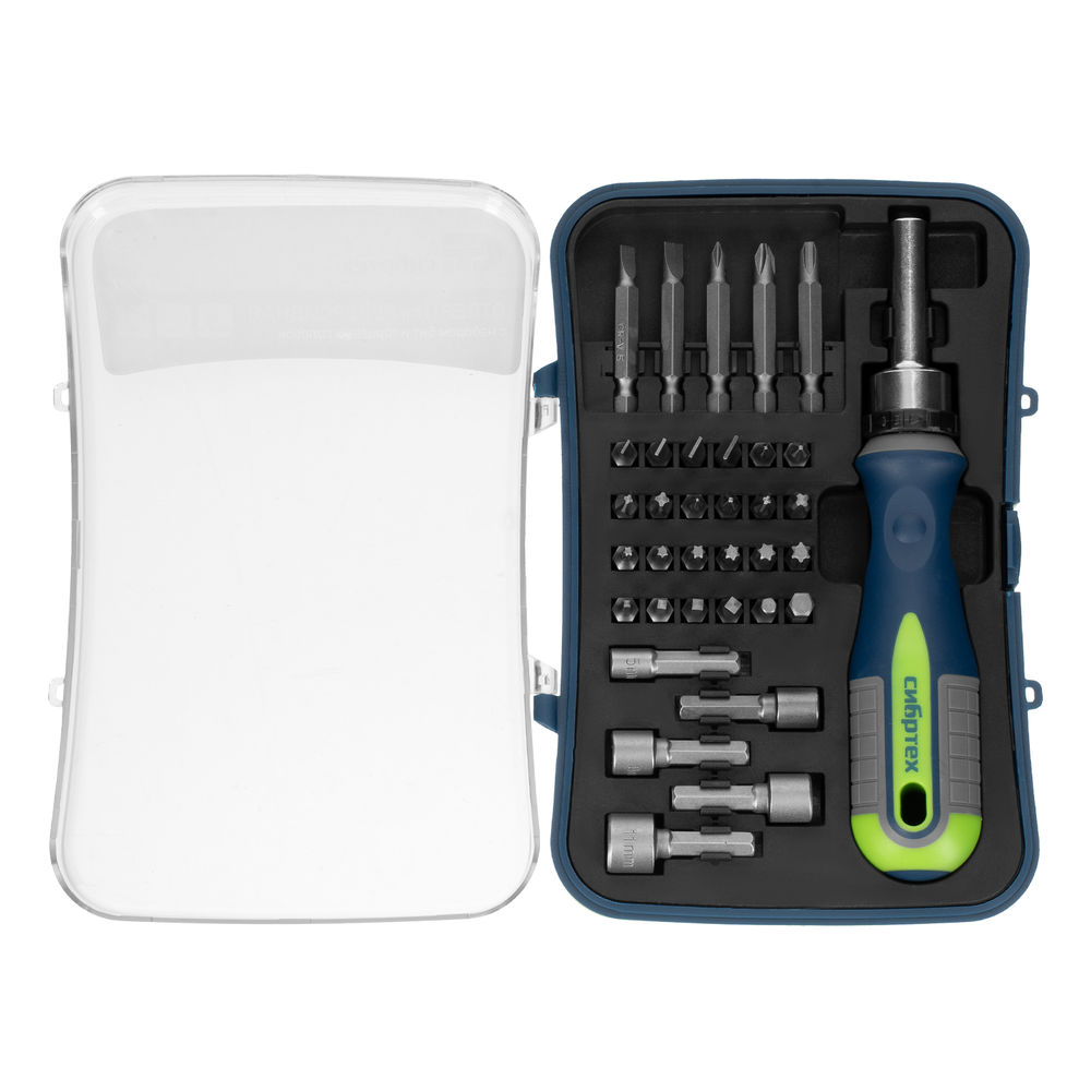 Отвертка реверсивная с набором бит и торцевыми головками, 35 шт, CrV Сибртех