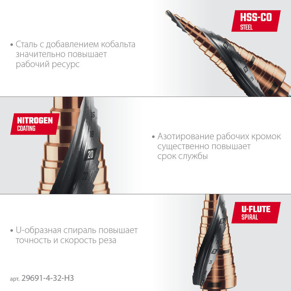 Набор сверл ступенчатых COBALT, 3 шт., 4–32 мм, азотирование, винтовая спираль KRAFTOOL 29691-4-32-H3