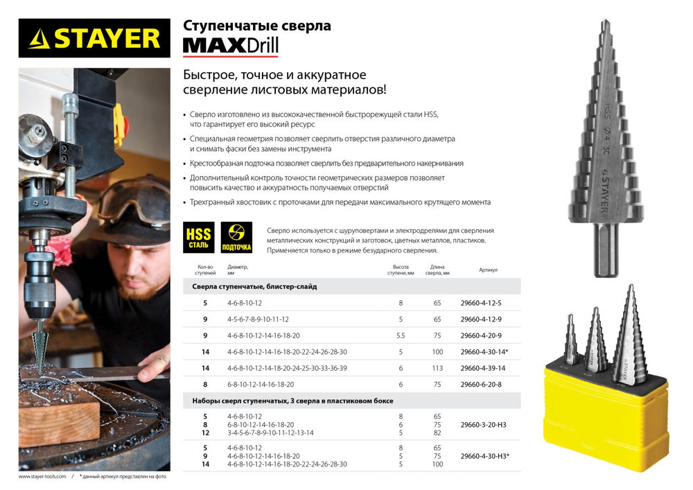Сверло ступенчатое 4-30 мм, 14 ступеней, сталь HSS STAYER 29660-4-30-14