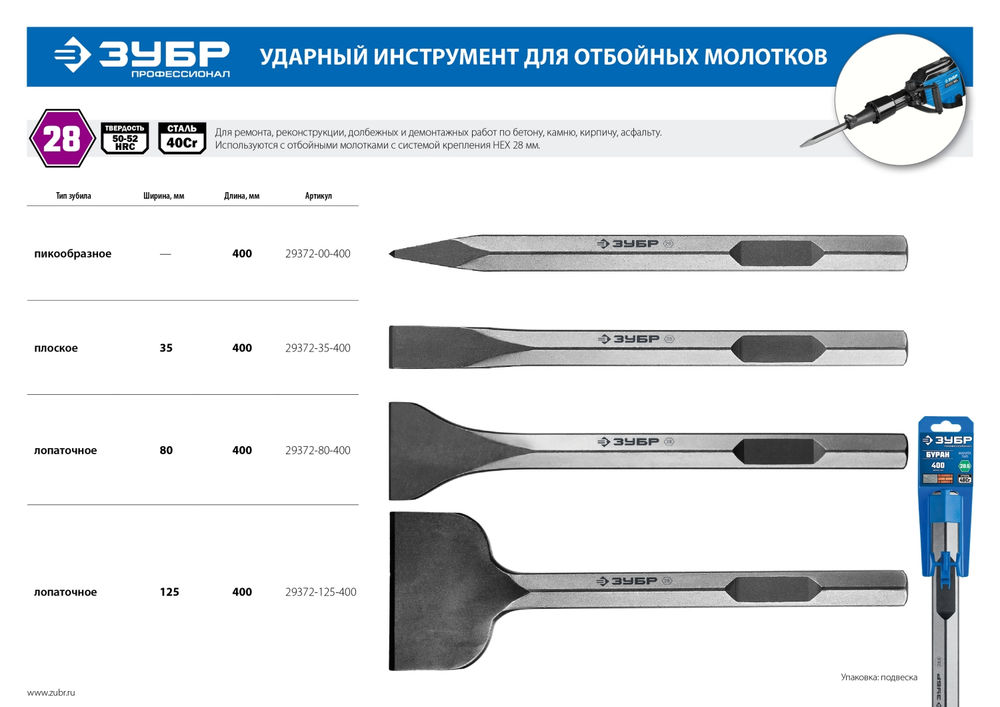 Зубило плоское изогнутое 80 x 400 мм HEX 28 ЗУБР БУРАН Профессионал 29372-80-400