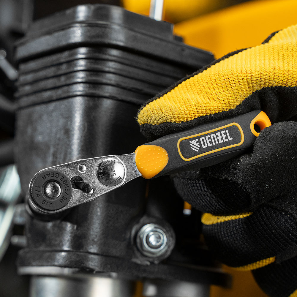 Ключ-трещотка для бит 1/4, 52 зуба, CrMo, адаптер для торцевых головок Denzel