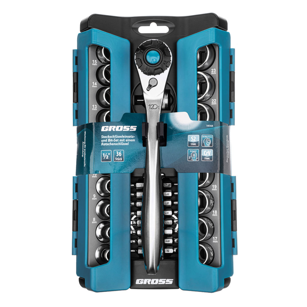 Набор торцевых головок, трещотка 120 зубьев, 1/2, CrV, 36 предметов Gross