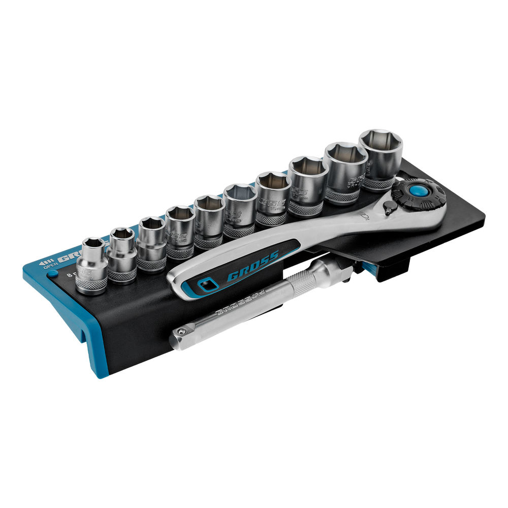 Набор торцевых головок, трещотка 120 зубьев, 3/8, CrV, 12 предметов Gross