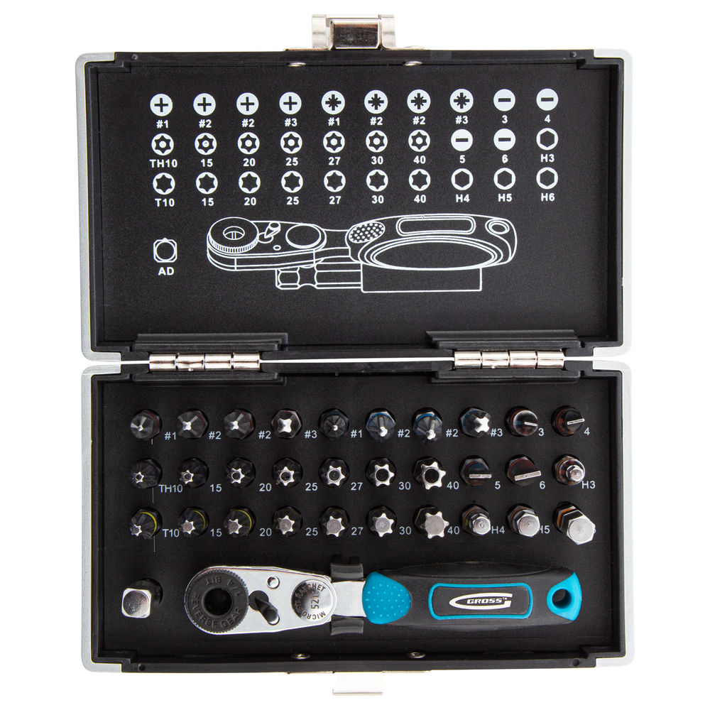 Набор бит, 1/4, магнитный адаптер, сталь S2, пластиковый кейс, 33 предмета Gross (11365)