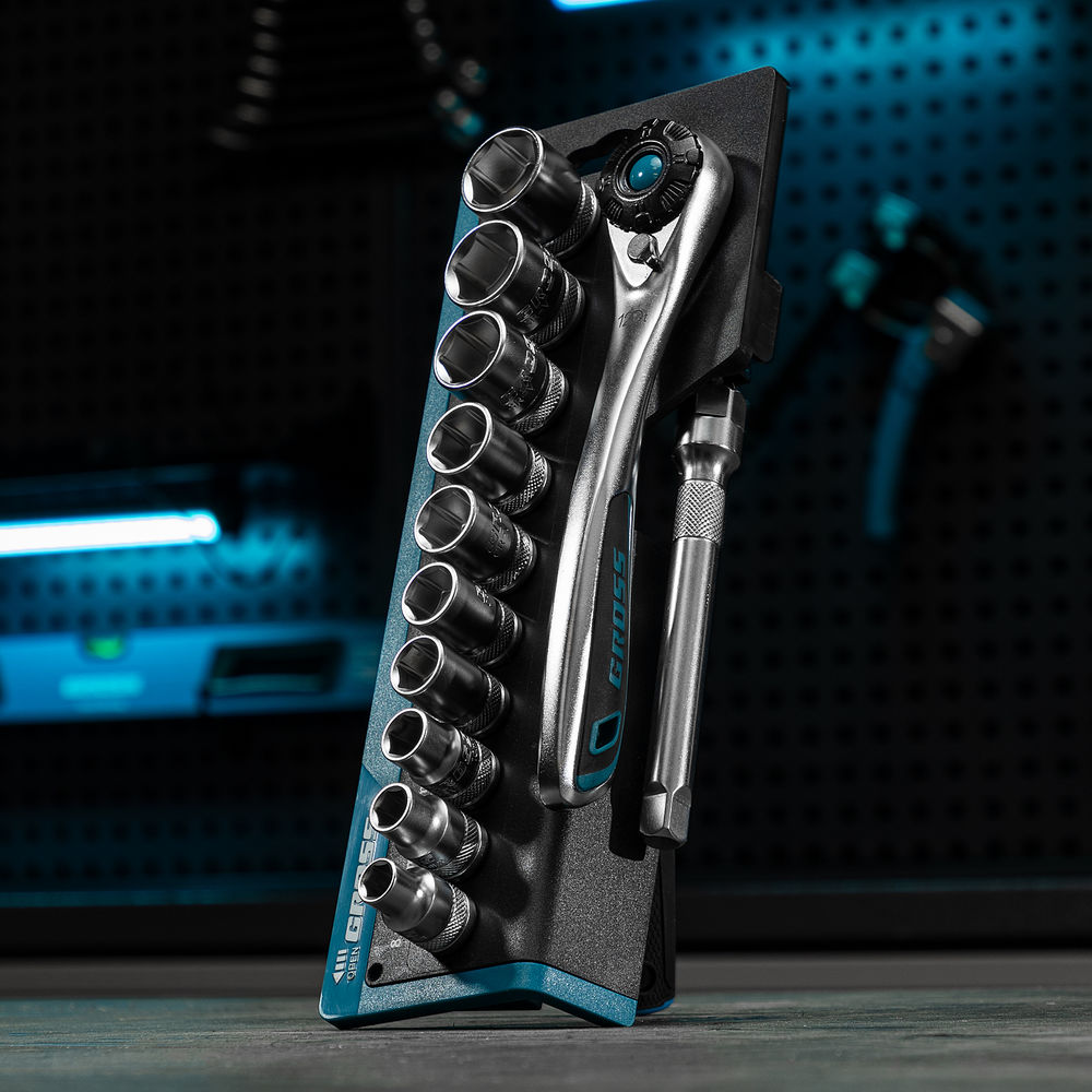 Набор торцевых головок, трещотка 120 зубьев, 3/8, CrV, 12 предметов Gross