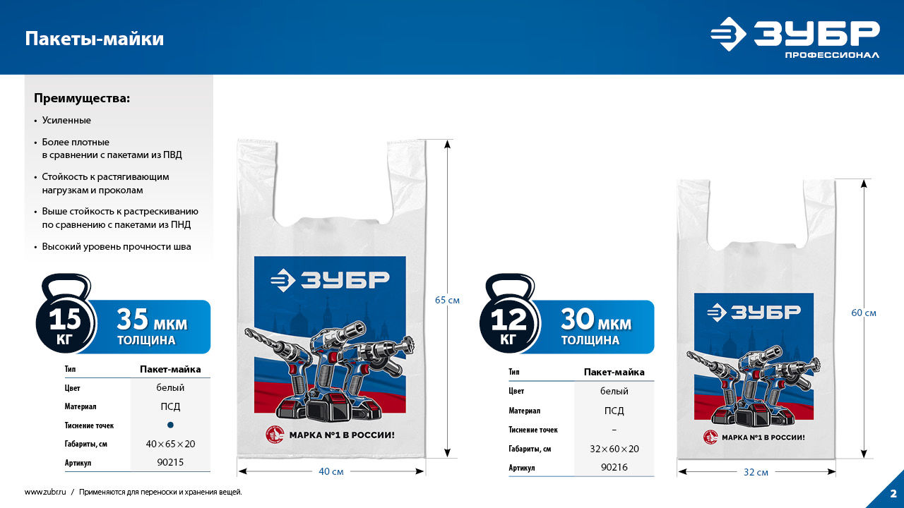Пакет майка ЗУБР усиленный 32 х 60 х 20 см, 30 мкм (90216)