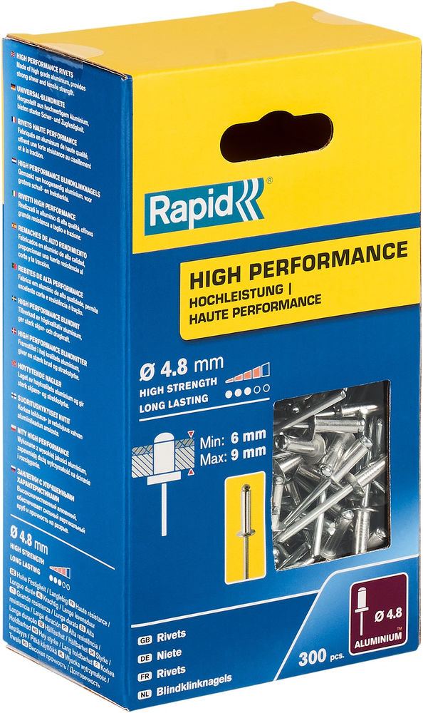 Алюминиевая высокопроизводительная заклепка R:High-performance-rivet, 4.8 х 12 мм, 300 шт RAPID 5001436