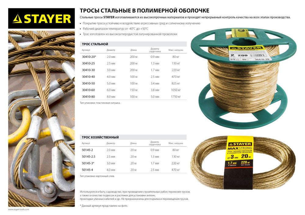 Трос стальной 4 мм, L 100 м, в полимерной оболочке STAYER 30410-40
