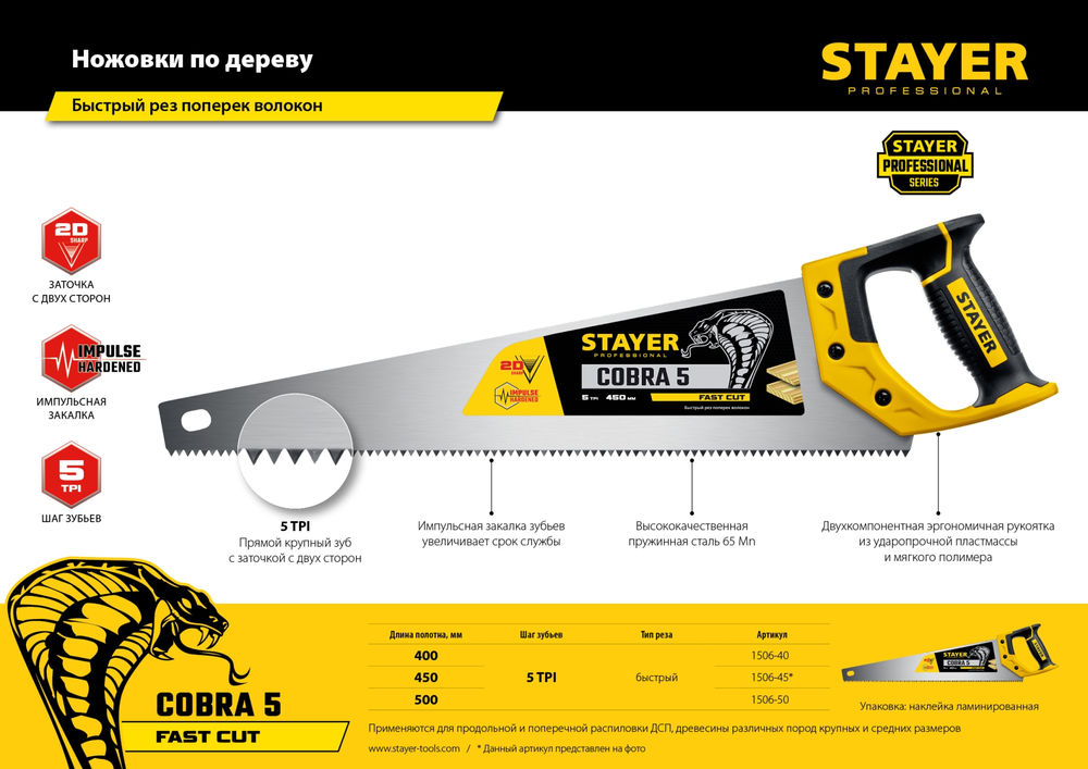 Ножовка по дереву Cobra 5, 400 мм STAYER Professional 1506-40_z02