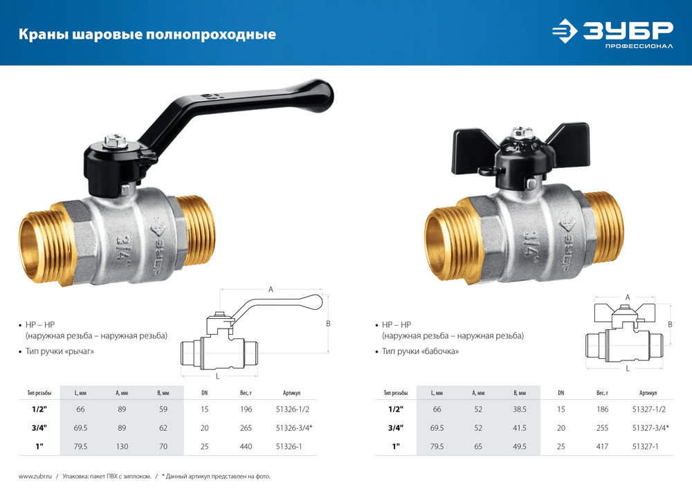 Шаровой кран полнопроходной d 1, ручка «бабочка», «папа-папа» ЗУБР 51327-1