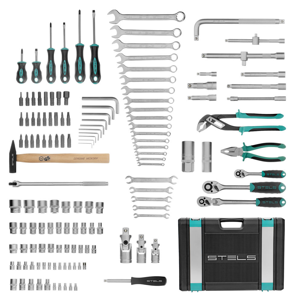 Набор инструментов, 1/2,3/8, 1/4, CrV, пластиковый кейс 142 предмета Stels
