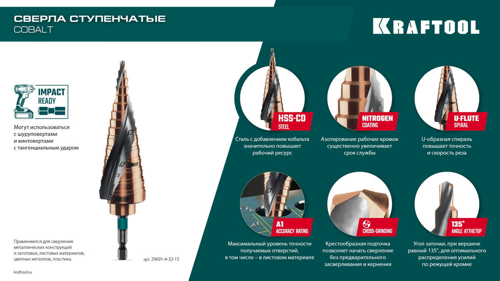 Набор сверл ступенчатых COBALT, 3 шт., 4–32 мм, азотирование, винтовая спираль KRAFTOOL 29691-4-32-H3