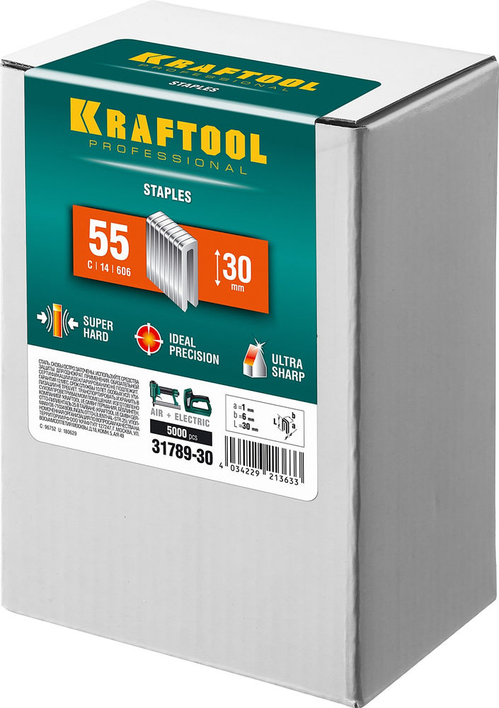 Скобы тип 55 (90/C), 30 мм, калибр 18GA, 5000 шт KRAFTOOL 31789-30
