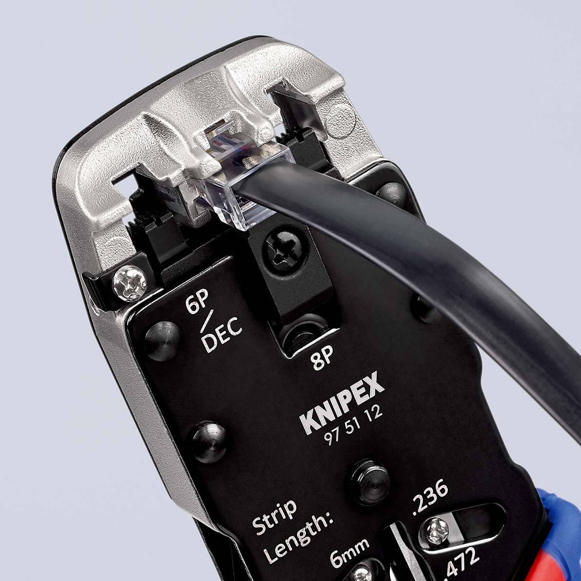 Пресс-клещи для штекеров RJ, 3 гнезда, RJ 10 (4-pin), RJ 11/12 (6-pin), RJ 45 (8-pin), 200 мм (KN-975112)