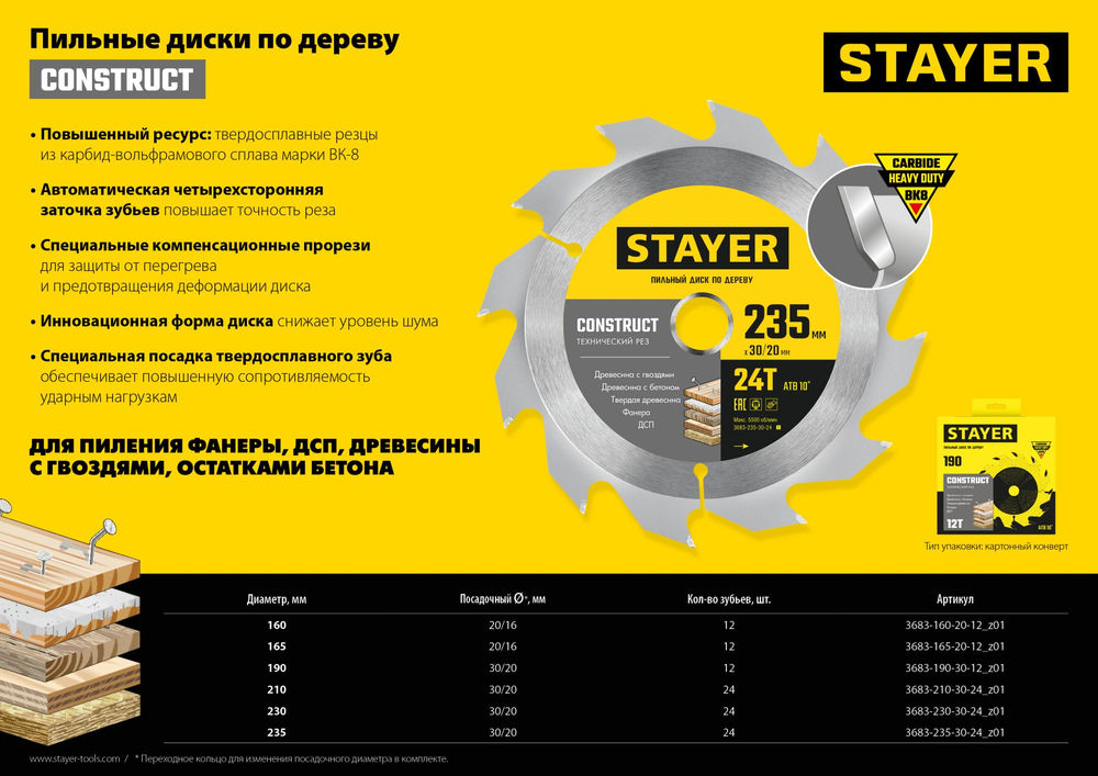 Диск пильный по дереву Construct, 230 x 30/20 мм, 24Т, технический рез STAYER 3683-230-30-24_z01