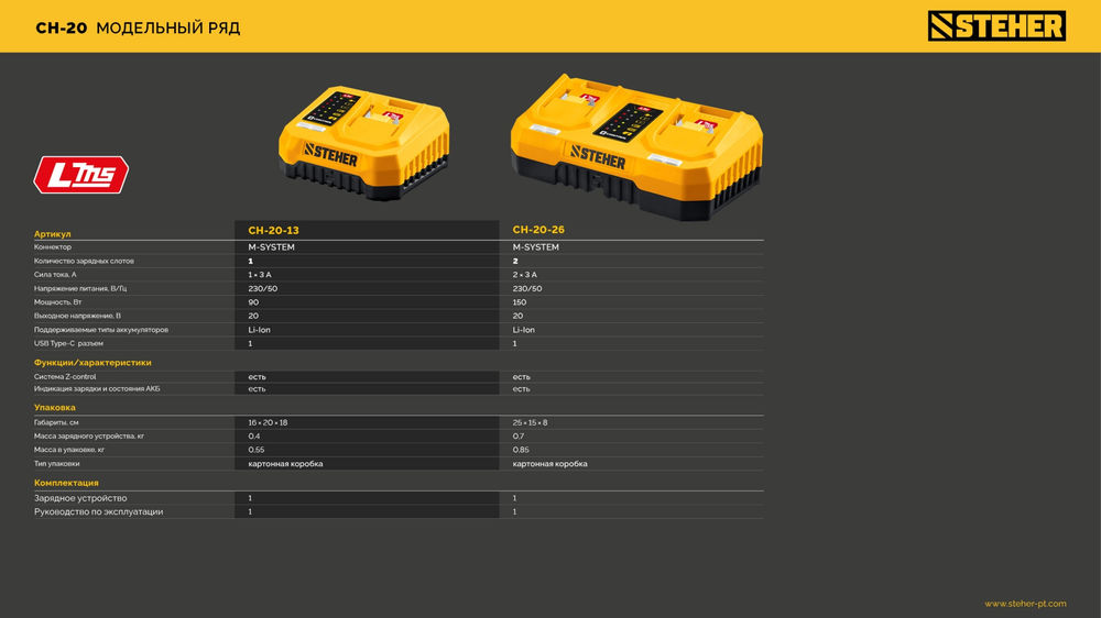 Зарядное устройство для LMS АКБ 20 В, 1 порт, 1 х 3 А STEHER CH-20-13