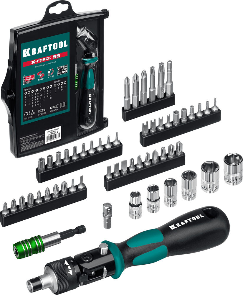 Реверсивная отвертка с насадками Expert-55, 55 предм. KRAFTOOL 25554-H55_z01