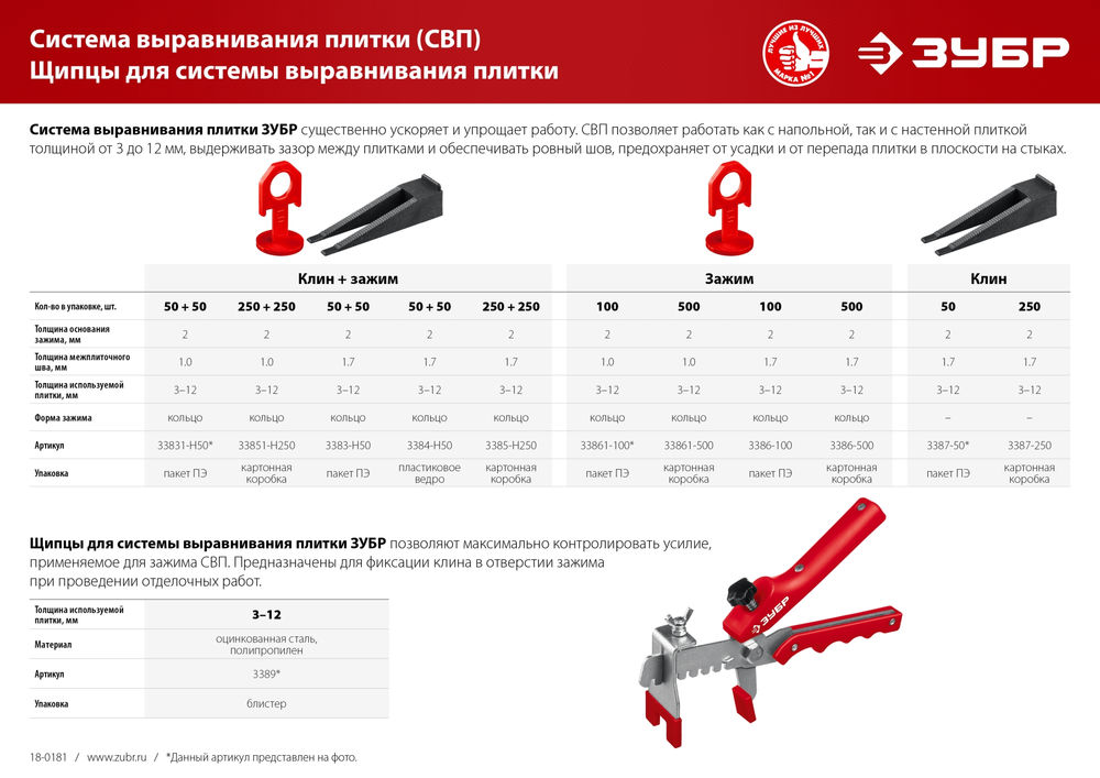 Система выравнивания плитки СВП комплект 1.7 мм, зажим + клин, 50 + 50 шт ЗУБР 3384-H50