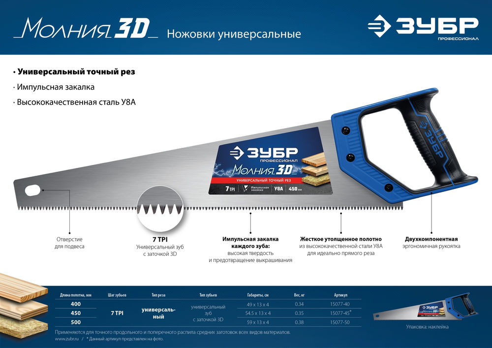 Ножовка универсальная Молния-3D, 450 мм ЗУБР Профессионал 15077-45_z01