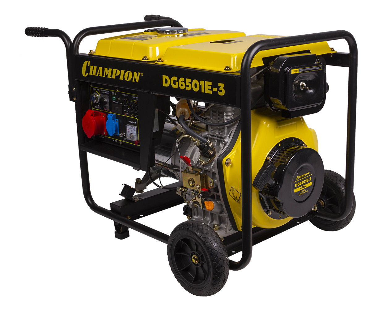 Генератор диз. CHAMPION DG6501E-3 (400В 6,2/6,8кВА 8,9лс 12,5л 12V 103кг,эл.стартер,колеса,счетчик) (DG6501E-3)