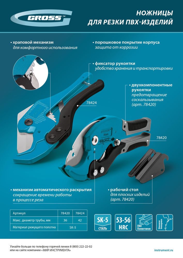 Ножницы для резки изделий из ПВХ, D до 36 мм, двухкомпонентные рукоятки, рабочий стол для плоских изделий Gross (78420)
