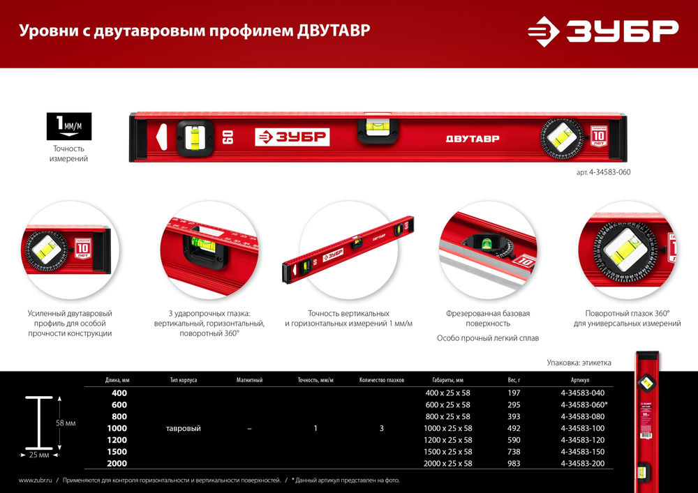 Уровень двутавровый с усиленным профилем 1500 мм ЗУБР ДВУТАВР 4-34583-150_z01