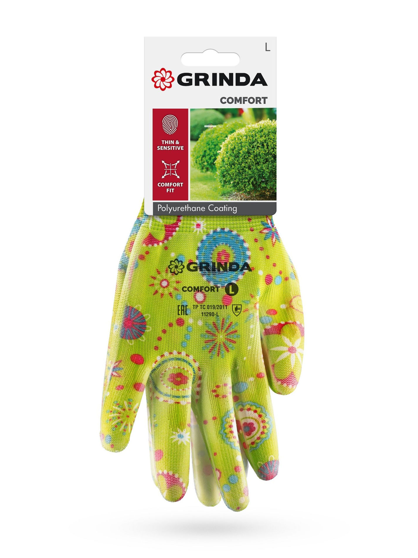 GRINDA COMFORT, L (9), садовые перчатки с прозрачным полиуретановым покрытием, зелёные, 13 класс (11290-L_z01)