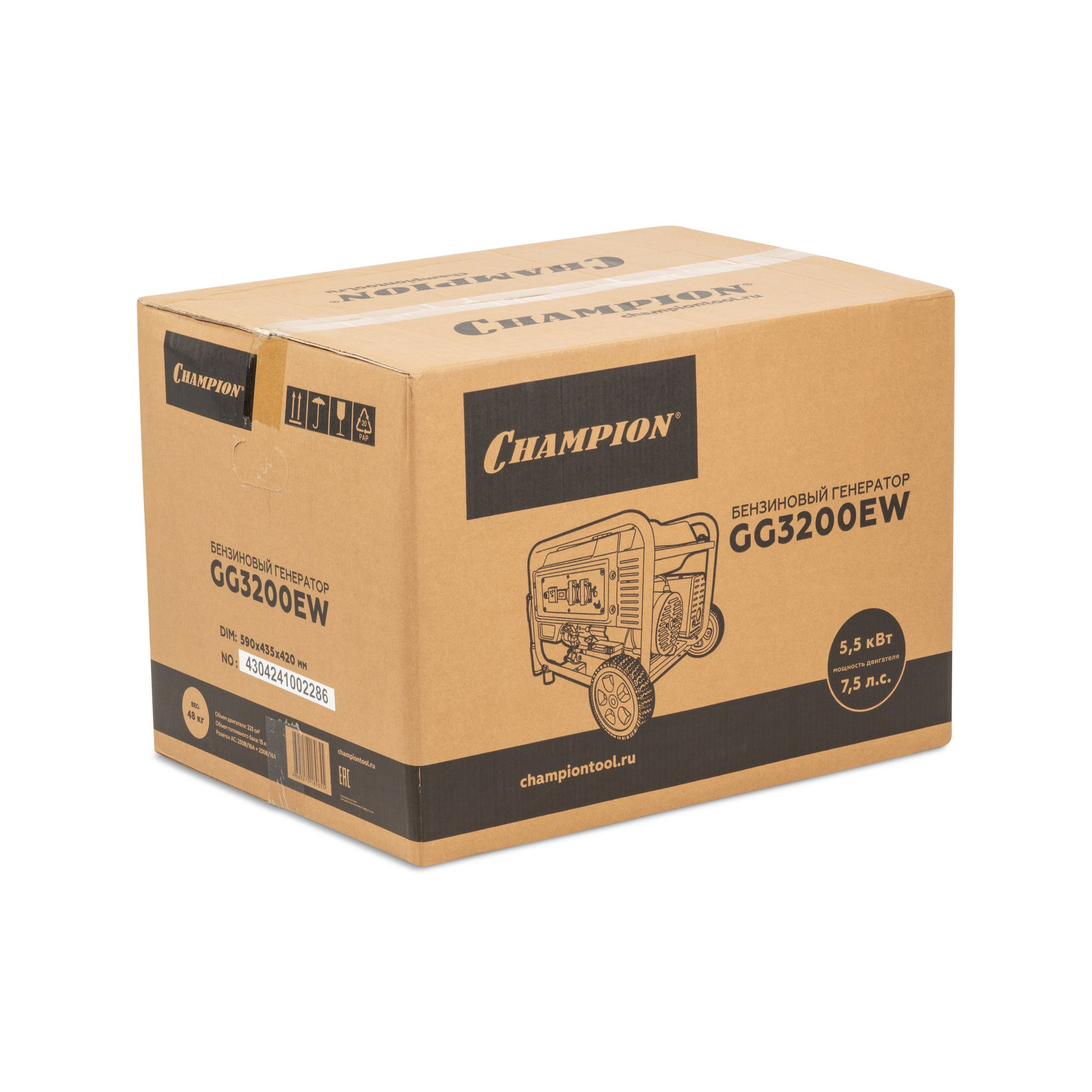 Генератор CHAMPION GG3200EW (3,2/3,5кВт 7,5лс 15л 48кг эл.старт колеса, счетчик) (GG3200EW)