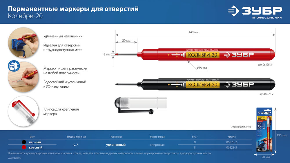 Перманентный маркер для отверстий Колибри-20 красный, наконечник L 20 мм, 2 мм ЗУБР 06328-3