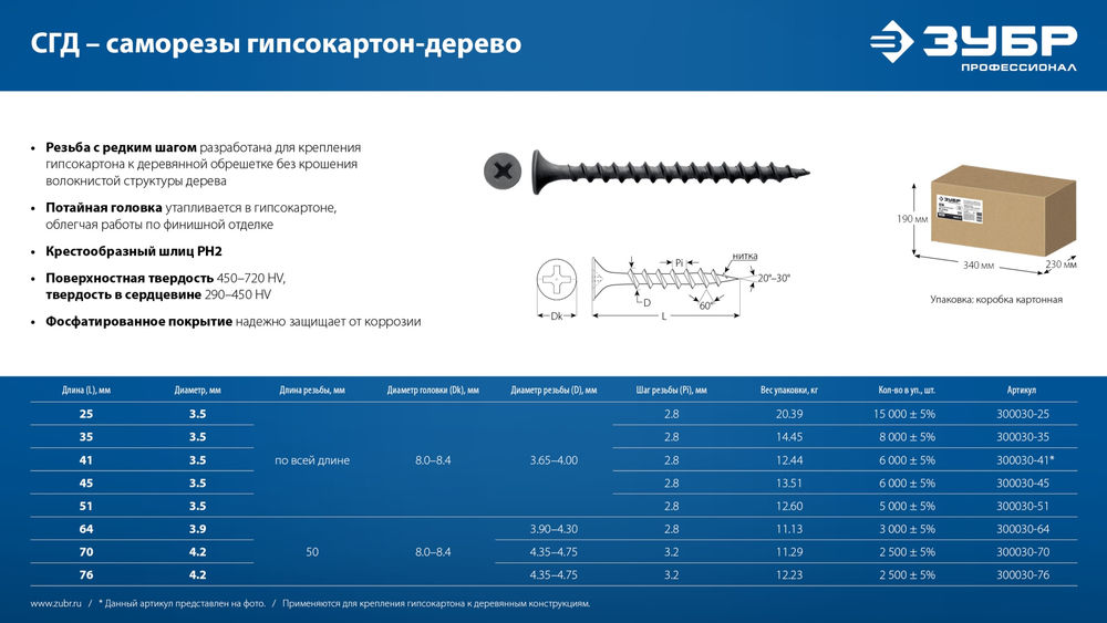 Саморез гипсокартон-дерево фосфатированный 35 х 3.5 мм, 14.45 кг СГД ЗУБР 300030-35
