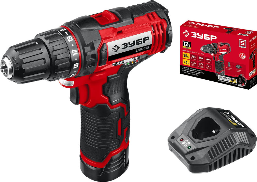 Дрель-шуруповерт 12 В 30 Н·м 1 АКБ 2 А·ч ЗУБР С1-12 ДШЛ-125-21