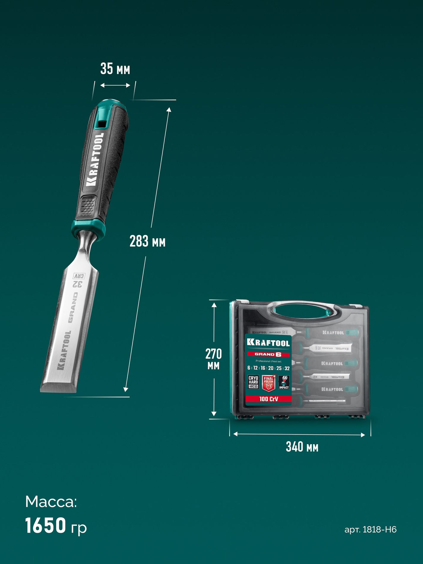 KRAFTOOL GRAND-6 набор стамесок-долот с двухкомпонентной рукояткой, 6 шт (1818-H6)