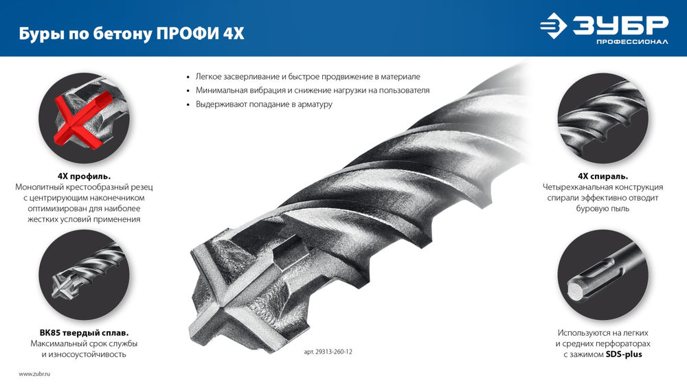 Бур SDS-plus 25 х 1200 мм ПРОФИ-4Х ЗУБР 29313-1200-25