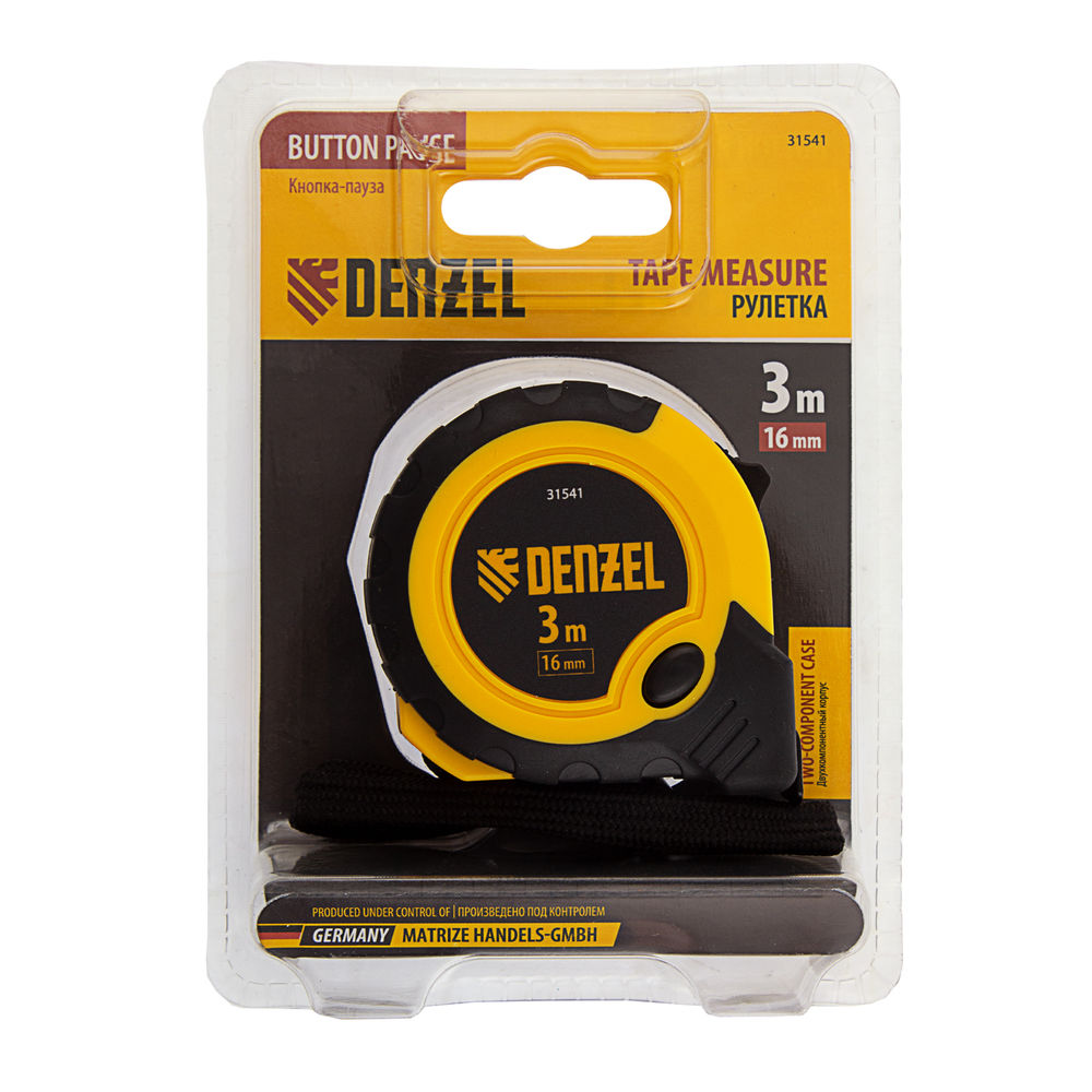 Рулетка 3м х 16мм, двухкомп. корпус, кнопка-пауза Denzel