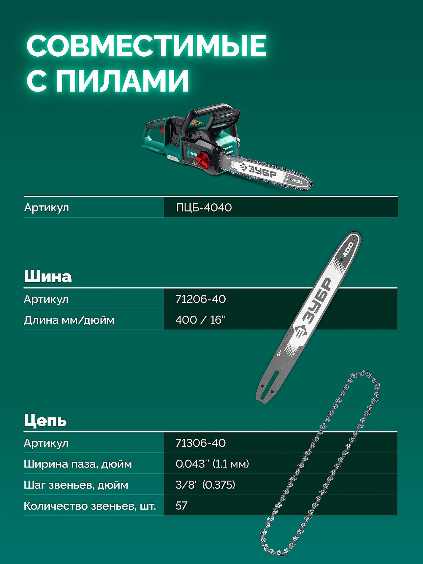 ЗУБР тип 6, 40 см, шаг 3/8?, паз 1.1 мм, 57 звеньев, цепь (71306-40)