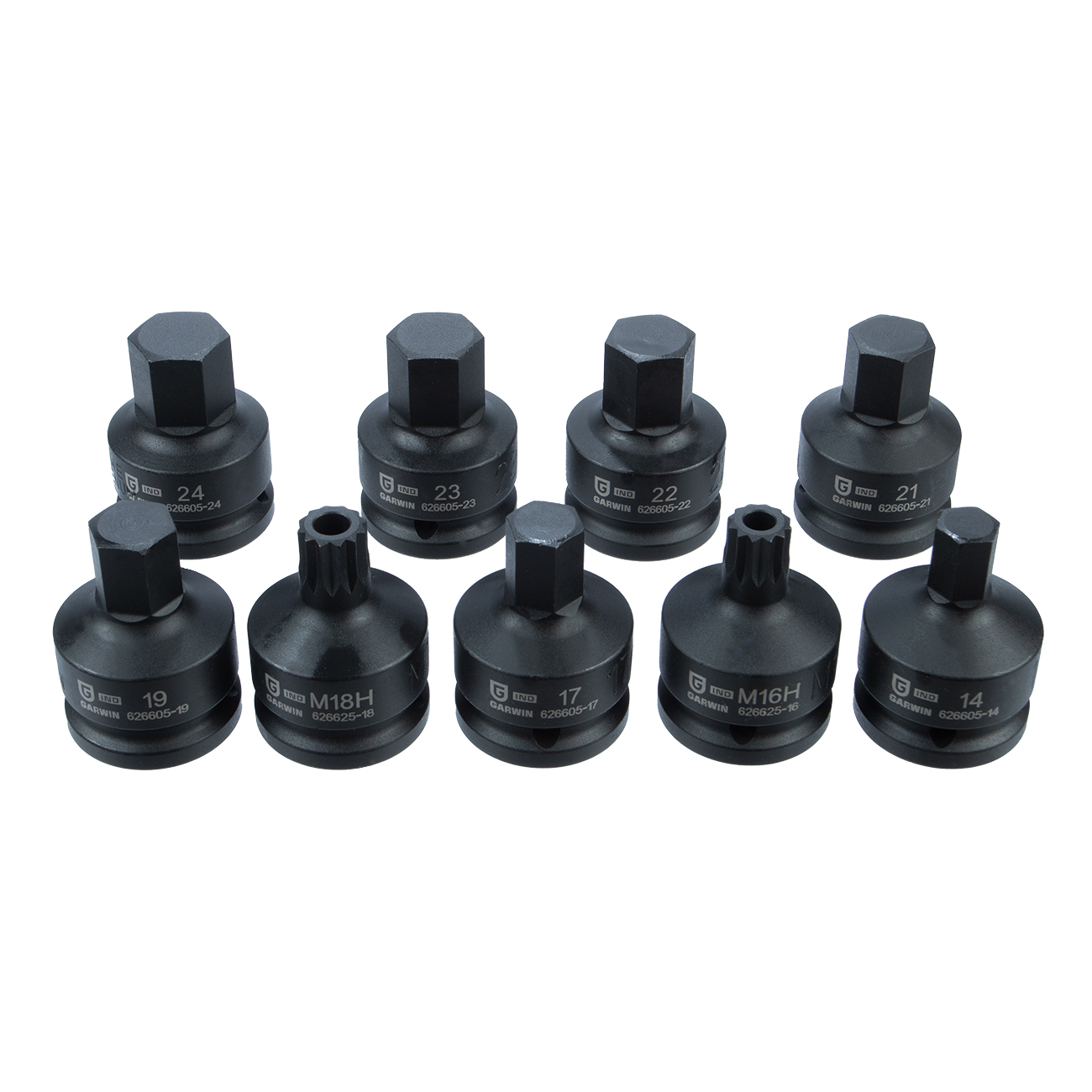 GARWIN INDUSTRIAL 626605-SET9 Набор ударных головок 3/4 9 пр. HEX 14-24 мм, SPLINE 16,18 мм, L= 60mm, в кейсе