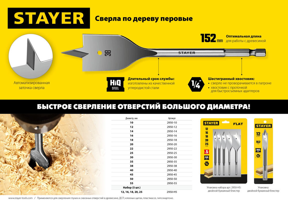 Сверло перовое по дереву Flat, 50 x 152 мм STAYER 2950-50_z01