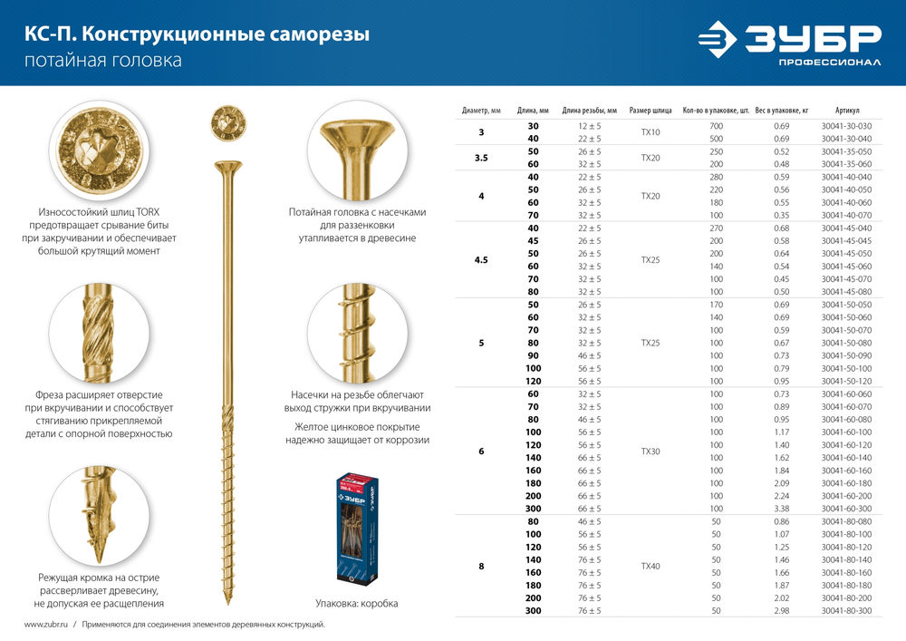 Конструкционный саморез КС-П, 40 х 4.5 мм, TX25, потайная головка, желтый цинк, 270 шт ЗУБР Профессионал 30041-45-040